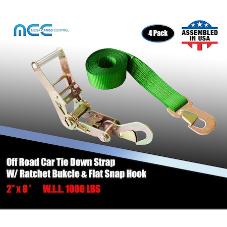 Tie 4 Safe 2" x 8' Off-Road Ratchet Tie Down Strap w/Snap Hook Auto Hauler Tow Truck Green, 4PK RT47-8-GR-C-4